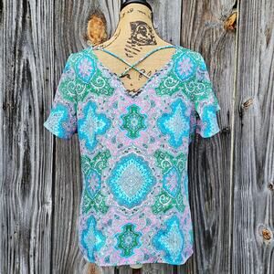 Crisscross Back Top Talbots Petites Size MP Pink Blue Damask Paisley Print Med